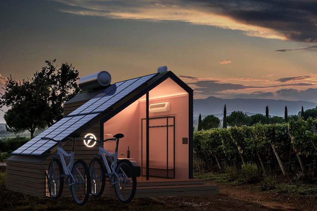 Esta pequena casa movida a energia solar tem um sistema integrado de e-bike para impulsionar o turismo local sustentável!