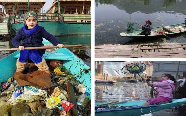 Uma menina de 7 anos vai quase todos os dias com o pai em uma canoa para limpar o lago de sua aldeia