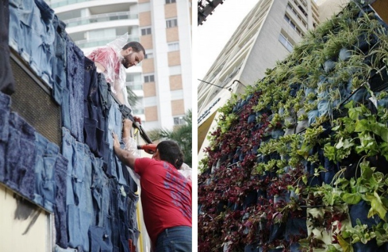 Movimento constrói jardim vertical de mais de 4 metros usando calças jeans velhas e ensina técnica para fazer em casa