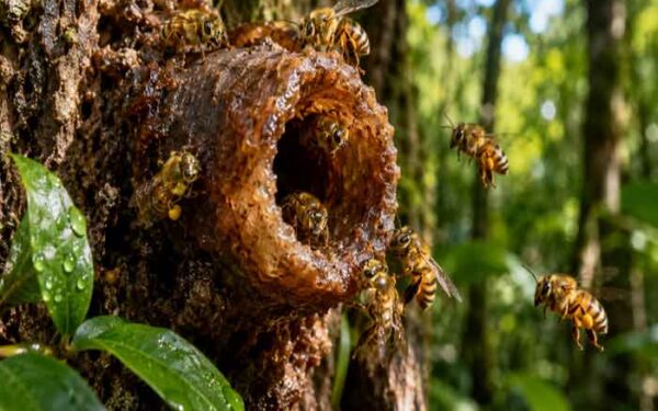 A abelha sem ferrão da Mata Atlântica, que ganhou notoriedade na ciência por, além de produzir geopropólis, ser capaz de construir entradas de cera que protegem a colônia