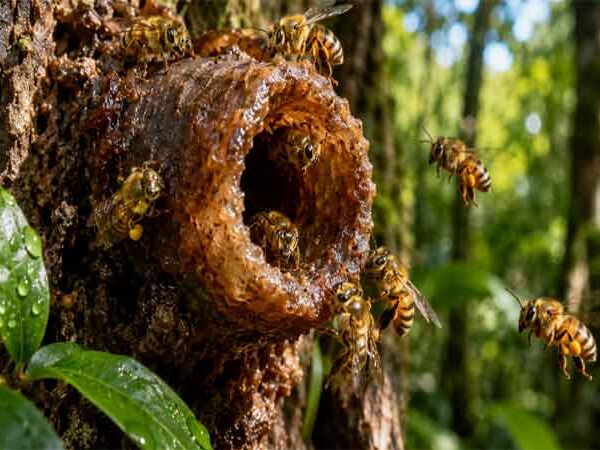 A abelha sem ferrão da Mata Atlântica, que ganhou notoriedade na ciência por, além de produzir geopropólis, ser capaz de construir entradas de cera que protegem a colônia