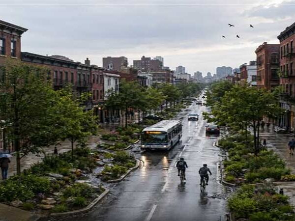 No lugar de cobrir tudo com concreto, os jardins de chuva ajudam a captar a água das tempestades, reduzem os alagamentos e ainda criam espaços com plantas, flores e pássaros no meio da cidade